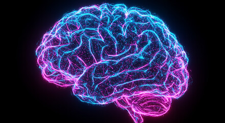 Poster - Abstract Neon Pink Blue Brain Neural Network AI Technology Concept
