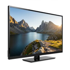 Wall Mural - Modern television displaying mountain landscape isolated on white background. use cases: entertainment, advertisement.