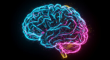 Poster - Abstract Neon Human Brain Neural Network Particle Brain Artificial Intelligence Digital Mind Concept