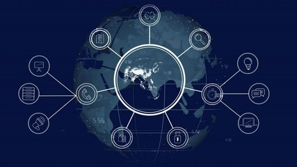 Poster - Bright hub appearing over rotating globe, radiating and morphing icons, visualizing data network