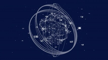 Poster - On start, node cluster rotating while rings orbiting and numbers flickering for data visualization