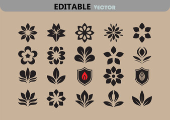 Poster - Collection of Black Floral and Foliage Vector Icons Emblems and Logos on a Light Brown Background for Design Elements