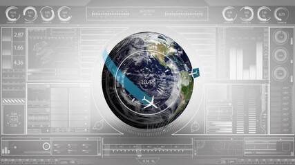 Poster - Upon HUD activation 3D globe rotating as bars sliding and planes curving visualizing flight network