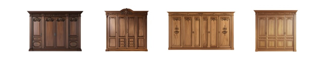 Fototapete - set of Ornate wooden wardrobe collection displayed on a white background.