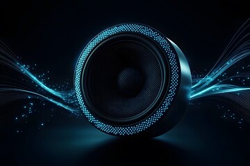Poster - Futuristic audio speaker glowing with blue light emitting energy waves in a dark space