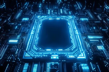 Poster - Futuristic digital circuit board illustration with glowing blue neon lines and technology connections
