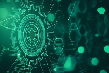 Poster - Futuristic digital gear illustration with glowing circuitry and network connections in green tones