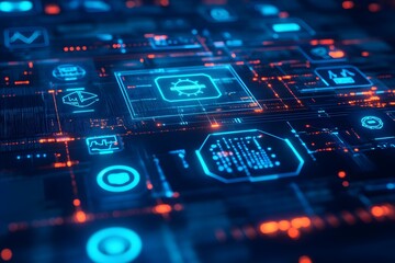 Poster - Futuristic digital interface illustrating data processing and cybernetic technological communication on blue background