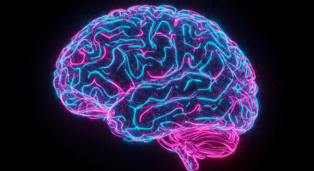 Poster - Abstract Neon Brain Glowing Neural Network Pink and Blue Digital Art