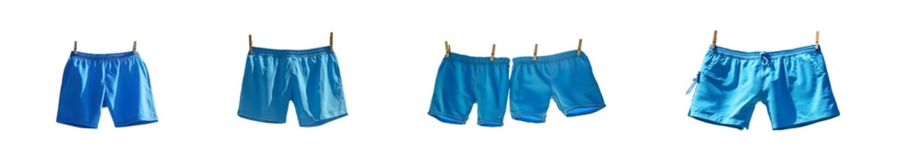 Poster - set of pairs of bright blue shorts hanging on clotheslines. isolated on transparent background