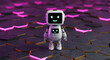© abu - Happy Blocky Robot with Smiling Screen Stands on Hexagonal Glowing Tiled Floor with Pink Orange Hues and Artificial Intelligence