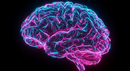 Poster - Abstract Neon Brain Digital Neural Network Pink Blue Glowing Lines Human Brain Structure