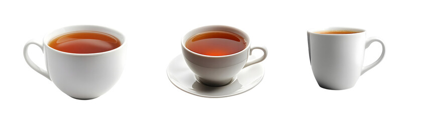 Poster - set of teacups filled with beverage, set against a white background.