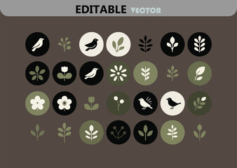 Poster - Stylish Vector Icon Set Featuring Birds Flowers and Leaves in Earth Tones