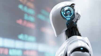 Poster - Advanced trading bot robot with illuminated blue light on its head showcasing modern technological design elements