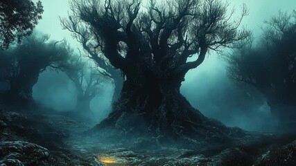 Wall Mural - Enigmatic foggy forest with ancient twisted trees