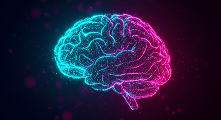 Poster - Abstract Neon Brain Glowing Particle Neural Network Digital Mind Concept