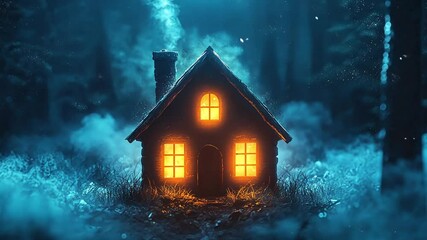 Wall Mural - Enchanted house glowing in a misty forest at night