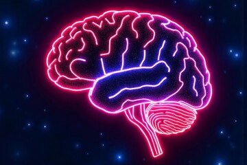 Fototapete - Neon brain graphic against a dark space background.