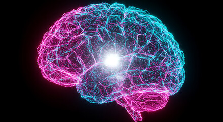 Poster - Abstract Neon Brain Glowing Pink Cyan Neural Network Digital Mind Concept