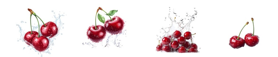 Poster - set of Fresh cherries in water splashes. isolated on transparent background