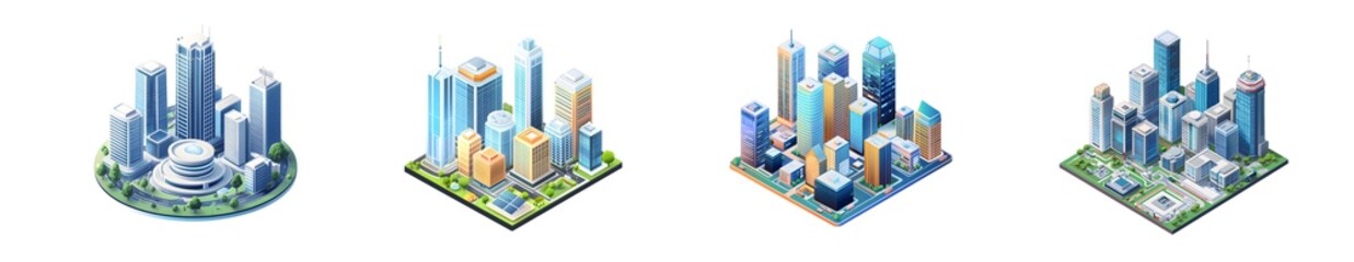 Poster - set of isometric cityscapes displayed on a white background.