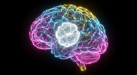 Poster - Abstract Neon Brain Glowing Neural Network 3D Model Artificial Intelligence