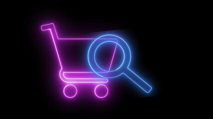Aufkleber - Neon animation of a shopping cart icon with a magnifying glass. Concept of purchasing analysis