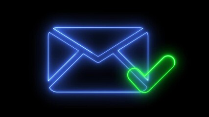 Poster - Neon animation of an email envelope icon with a check mark. Revised email concept.