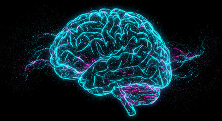 Poster - Abstract Glowing Human Brain Neural Network AI Concept Particle Effects Neon Lights