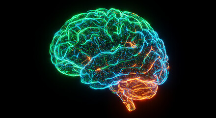 Poster - Abstract Neon Brain Illustration Neural Network Glowing Brain Technology Concept Medical Science