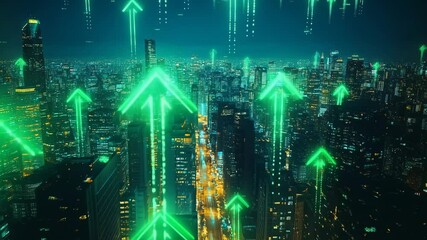 Wall Mural - high towering green analytical arrows rising up from the city, modern technology and science innovat