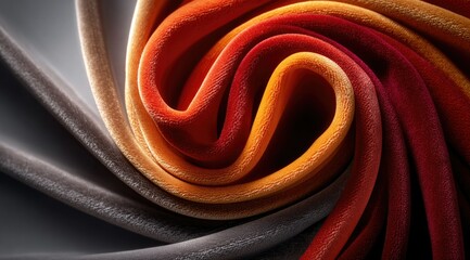 Poster - Swirling velvet fabric in shades of grey, orange, and red, showcasing texture and color gradient