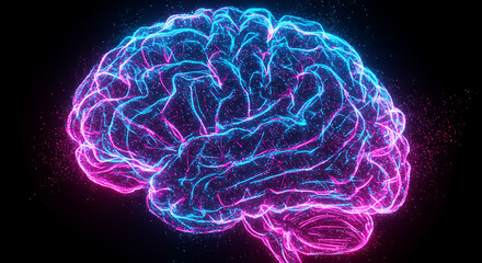 Poster - Abstract Neon Brain Glowing Neural Network Pink Blue Digital Art AI Concept