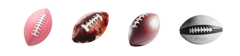 Poster - set of american footballs in various colors against a white background.