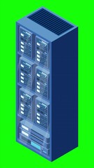 Fototapete - Isometric server animation. Network server room. 3D computer equipment. Storage database. Isometric technology. 4K video animated in isometric style