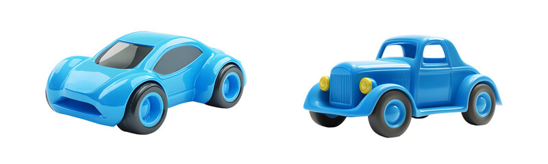 Poster - set of vibrant blue toy cars displayed against a white background.