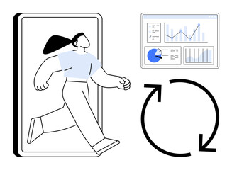 Poster - woman stepping out of smartphone, analytics dashboard with graphs, circular refresh arrows. ideal fo