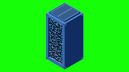 Fototapete - Isometric server animation. Network server room. 3D computer equipment. Storage database. Isometric technology. 4K video animated in isometric style