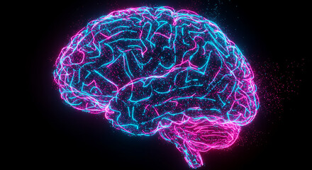 Poster - Abstract Neon Brain Digital Neural Network Glowing Pink Blue Particle Effect