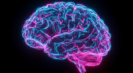 Poster - Abstract Neon Brain Glowing Pink and Blue Neural Network Human Brain Anatomy Visualization