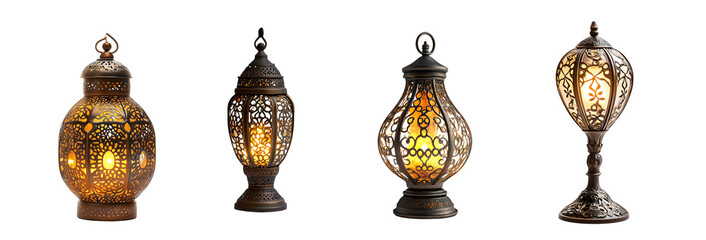 Poster - set of ornate metal lanterns with warm light. isolated on transparent background