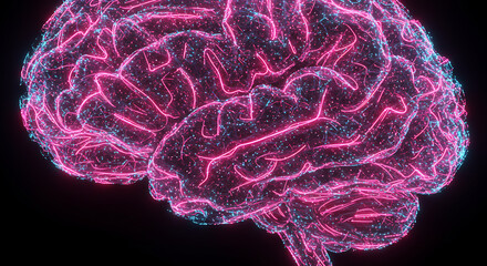 Poster - Abstract Neon Pink and Blue Brain Neural Network Glowing 3D Human Brain Anatomy
