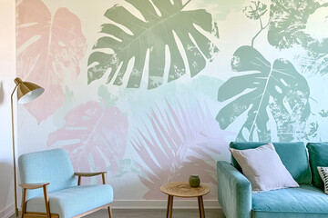 Poster - Stylish interior decor with tropical leaf mural and comfortable seating arrangement showcasing modern living room aesthetics