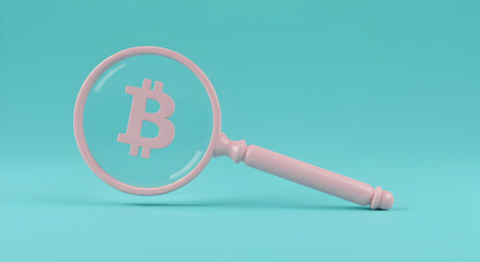 Poster - Pink Bitcoin Symbol Magnified by Magnifying Glass on Teal Background Close Up Macro Shot