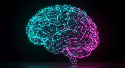 Poster - Abstract Neon Brain Neural Network AI Artificial Intelligence Digital Brain Concept Glowing
