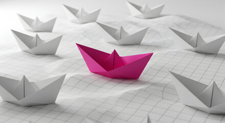 Poster - Pink Paper Boat Leading White Boats on Grid Paper Stand Out Leadership Concept