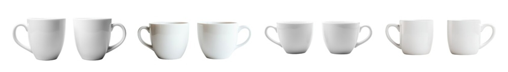 Poster - set Row of simple white mugs with handles. isolated on transparent background