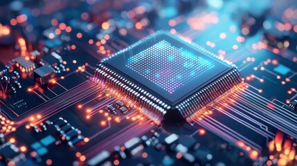 Poster - Colorful and intricate abstract image of a digital microchip showcasing the complex circuitry and technology that powers modern intelligence and computing innovations