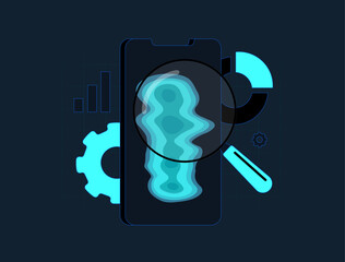 Poster - Mobile app heatmap tool interface with touch analytics, user behavior tracking and UX optimization. Ideal for app developers, seo and ux designers. Black background flat design vector illustration
